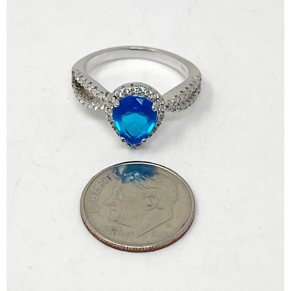 925 Sterling Silver Blue & Clear Cubic Zirconia Dinner Cocktail Ring Size 7